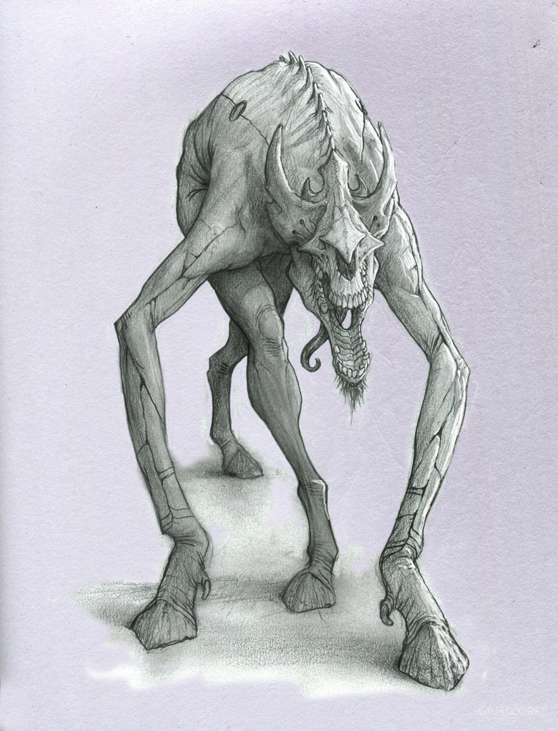 他的创作以黑暗扭曲的怪物为主,畸形的人体加以各种可怖的元素融合在