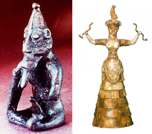北欧出土弗雷神像(左)和克里特岛出土持蛇女神像(右