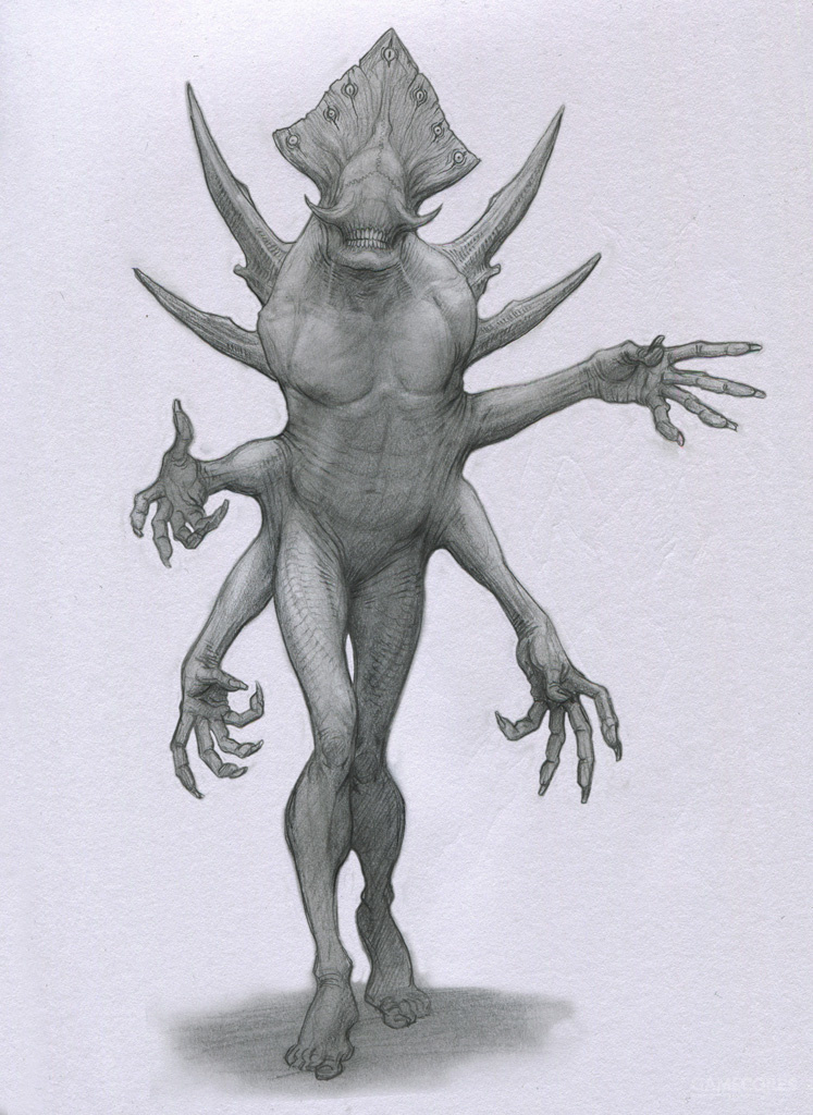 他的创作以黑暗扭曲的怪物为主,畸形的人体加以各种可怖的元素融合在