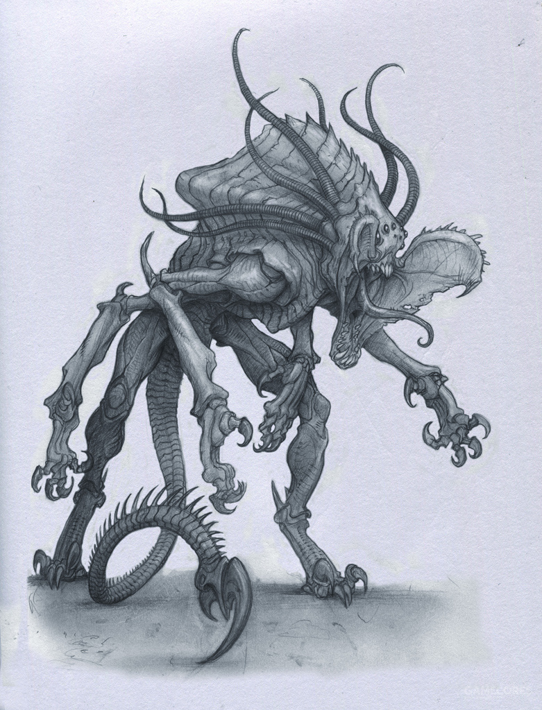 他的创作以黑暗扭曲的怪物为主,畸形的人体加以各种可怖的元素融合在